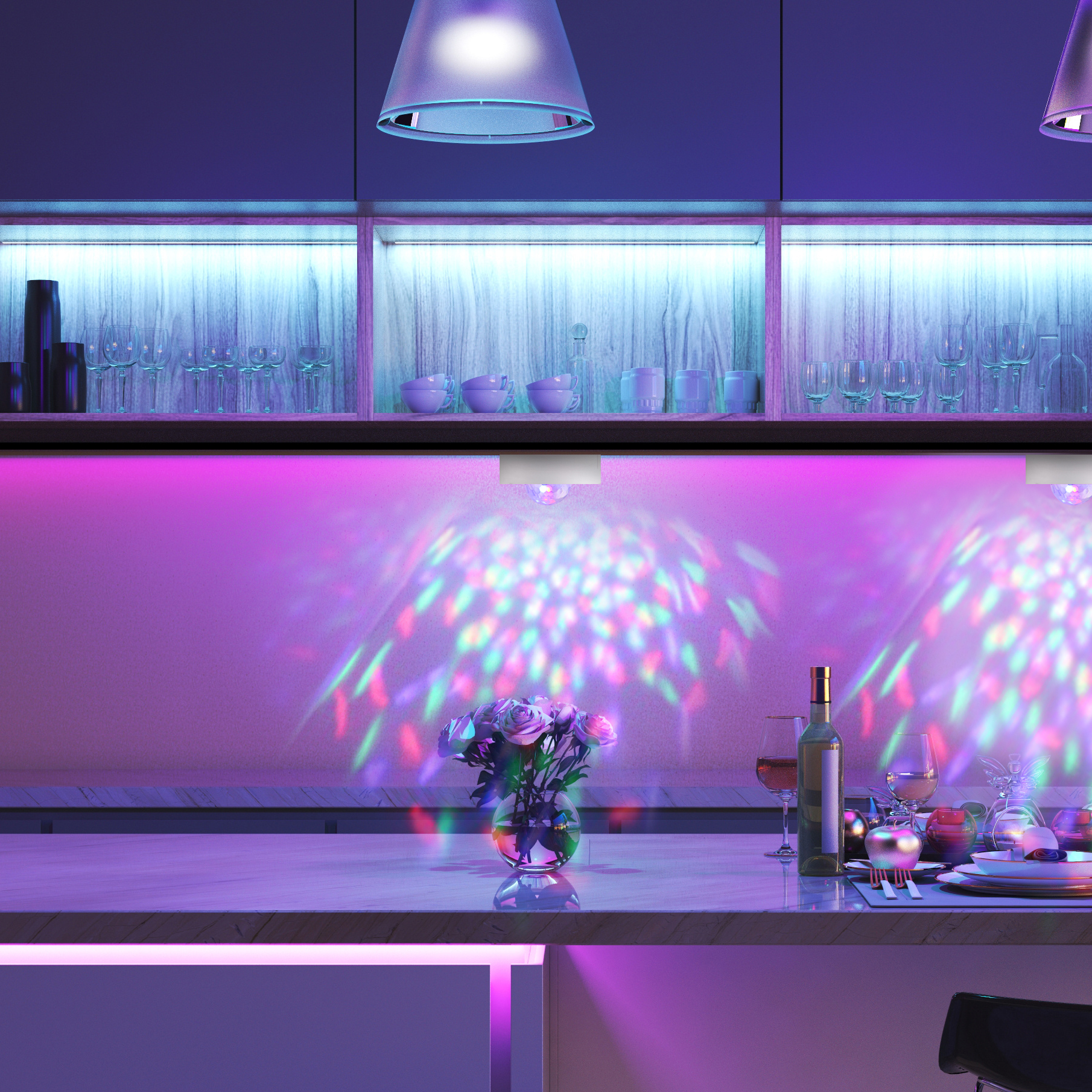 Modern kitchen with colored led lights